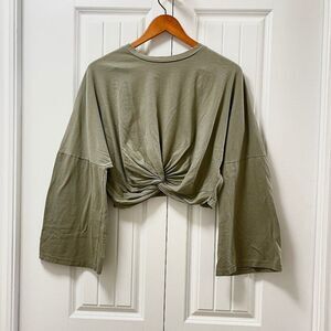 OAK + FORT Flared Wrap Knot Crop Top Green - O/S